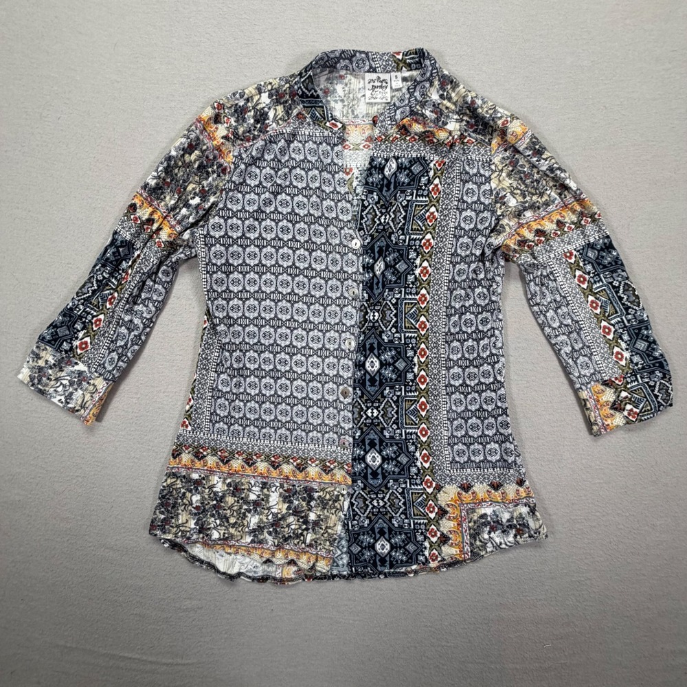 Parsley & Sage Womens Button Up Relaxed Multicolor Patchwork Print Top Size S